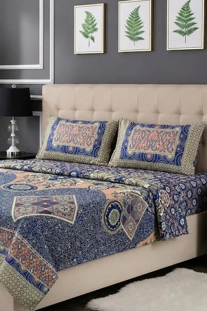Luxury Multani Double Bed Sheet Set with Pillow Covers (Royal Deep Blue)