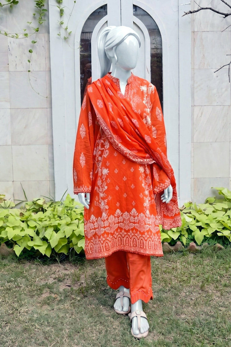 Aryana - 3PC Unstitched Printed Lawn Suit (Orange)