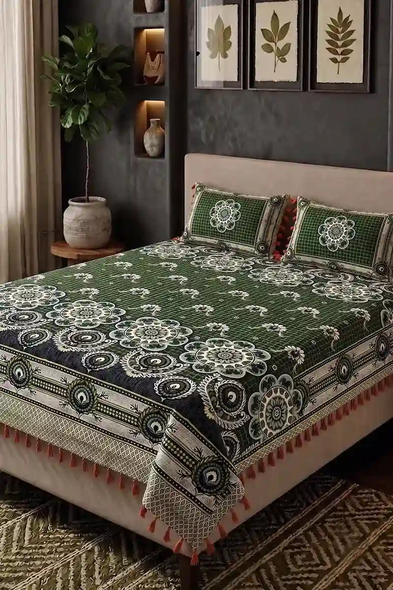 Premium Multani Double Bed Sheet Set with Zari Work (Deep Forest Green)