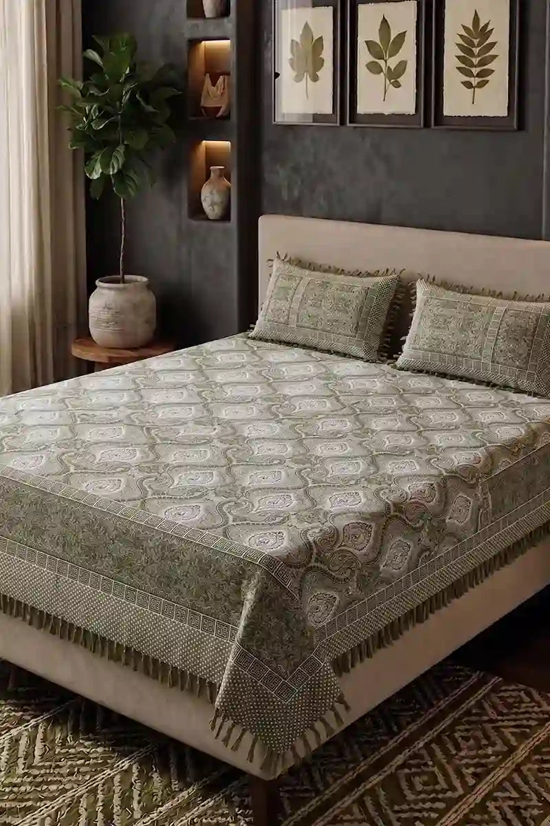 Premium Multani Double Bed Sheet Set with Zari Work (Muted Sage)