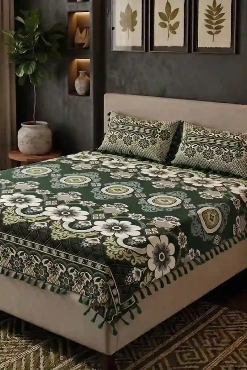 Premium Multani Double Bed Sheet Set with Zari Work (Dark Olive)
