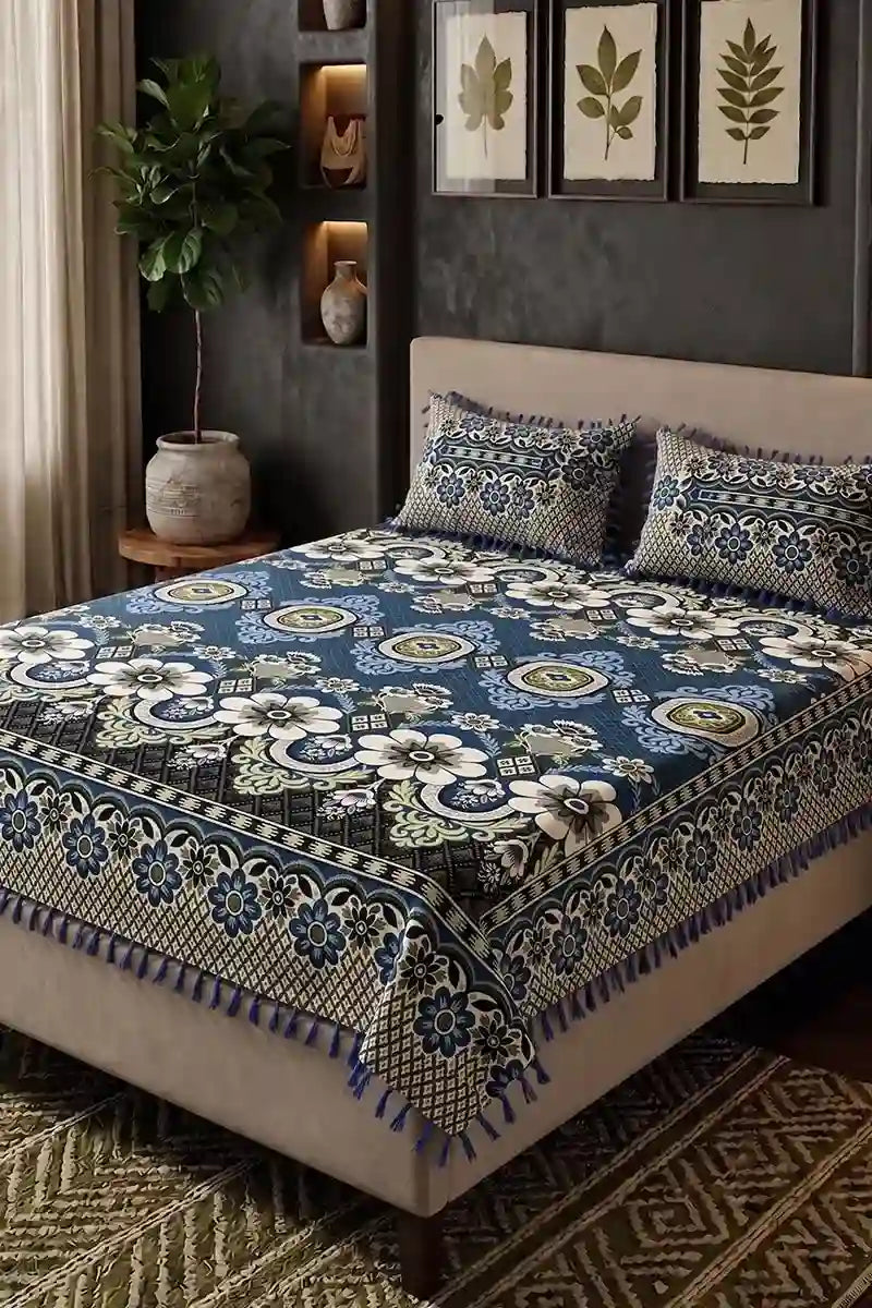 Premium Multani Double Bed Sheet Set with Zari Work (Slate Blue)
