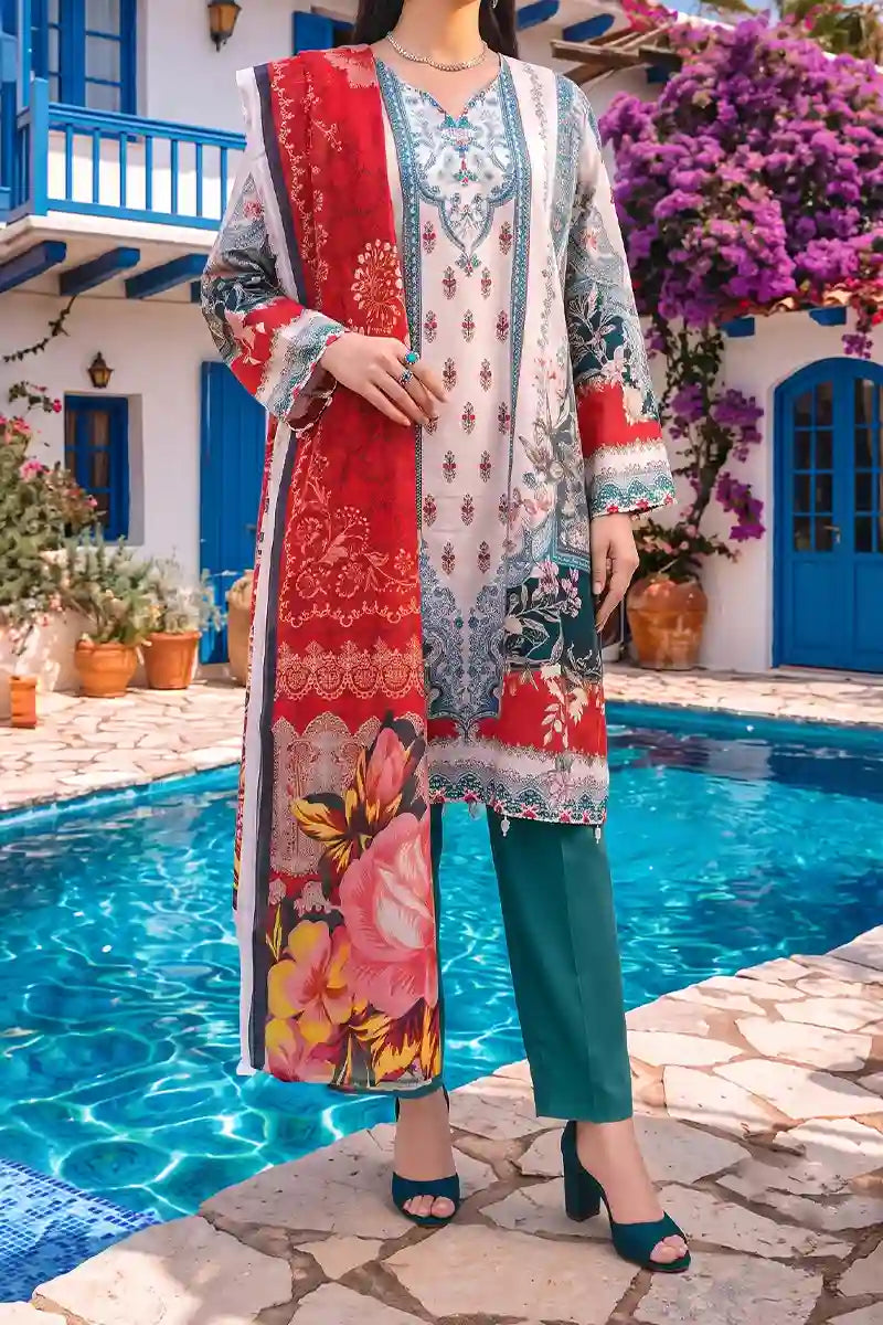 Aabruh Vol-1 3PC Unstitched Printed Lawn Suit (Seafoam, Red & White Floral)
