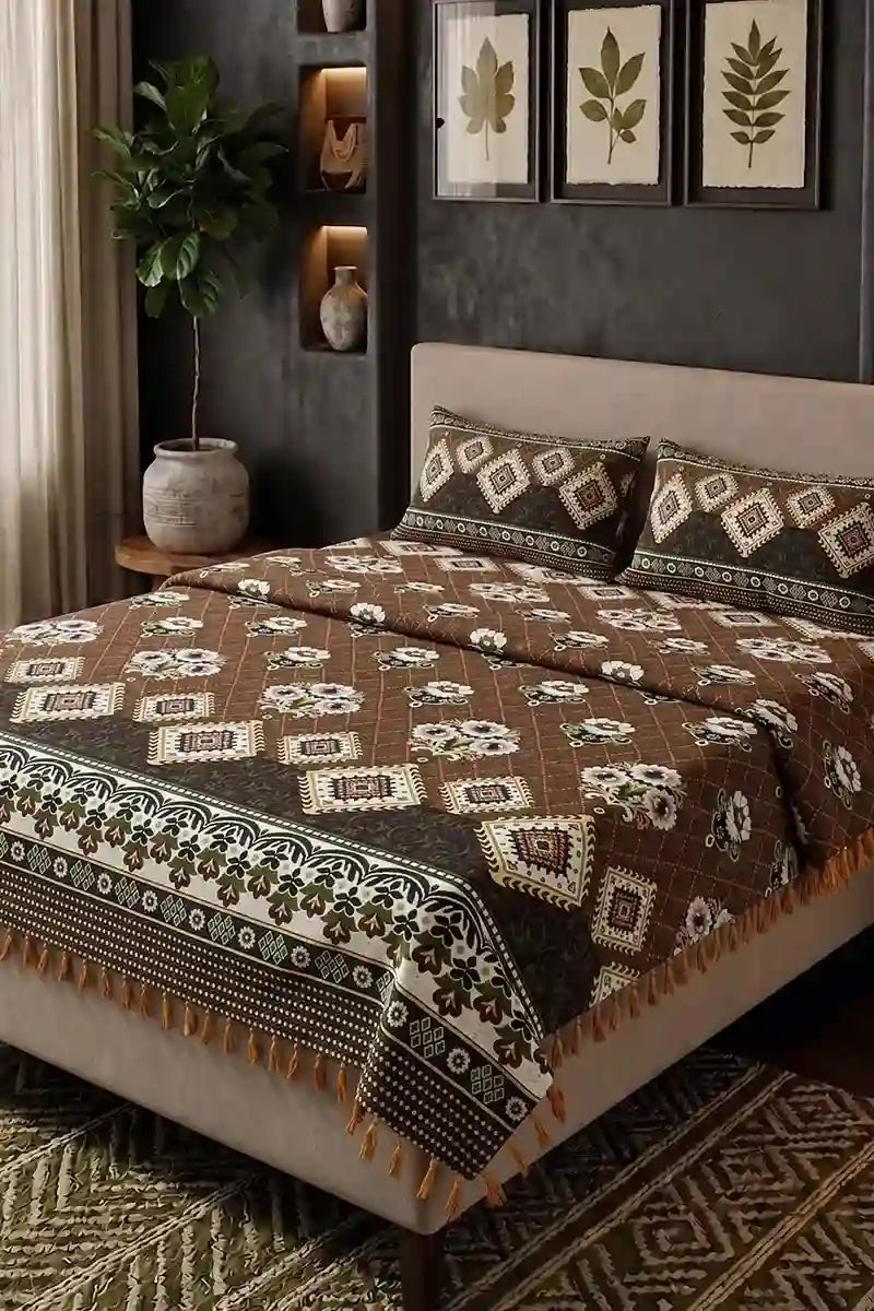 Premium Multani Double Bed Sheet Set with Zari Work (Warm Chestnut Brown)