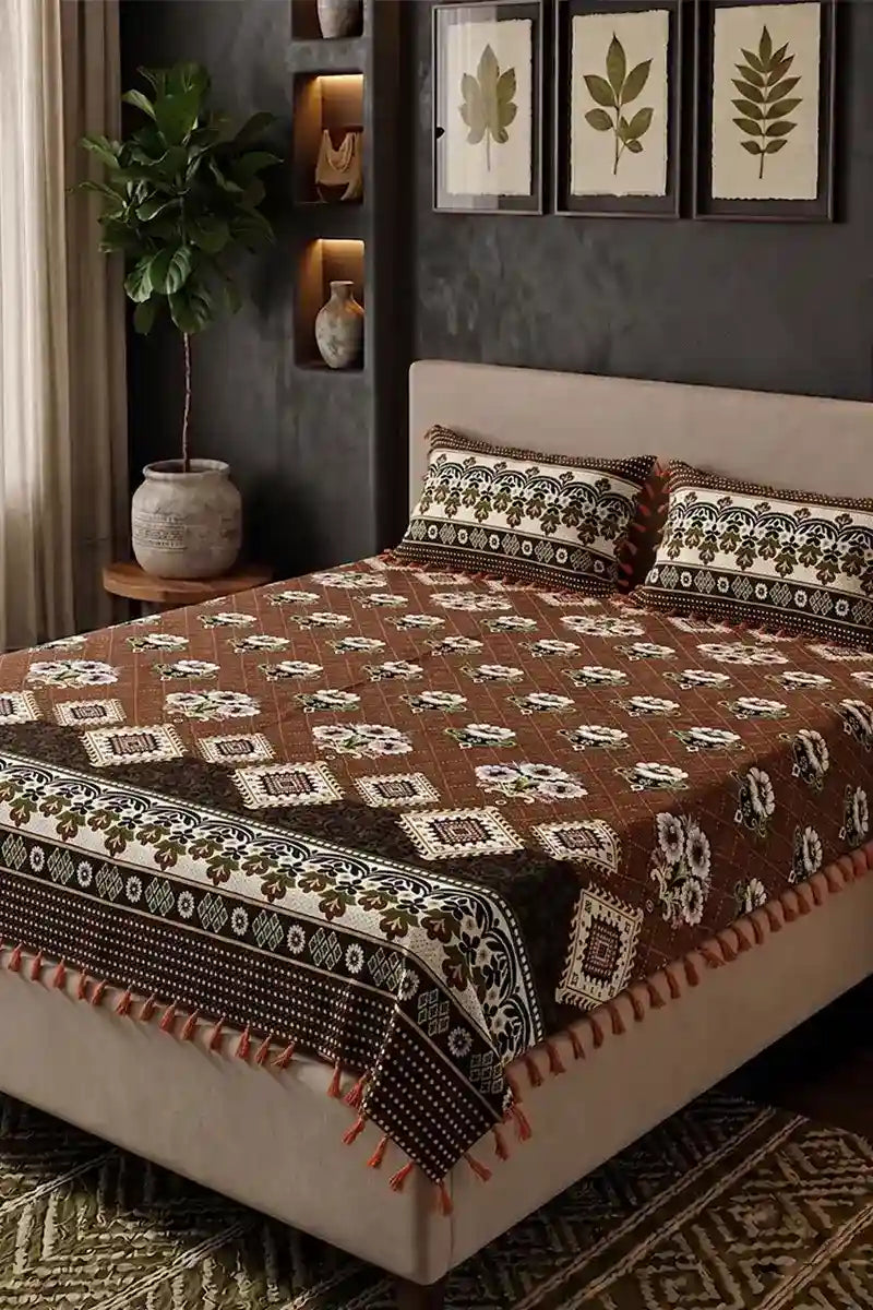 Premium Multani Double Bed Sheet Set with Zari Work (Chocolate Brown)