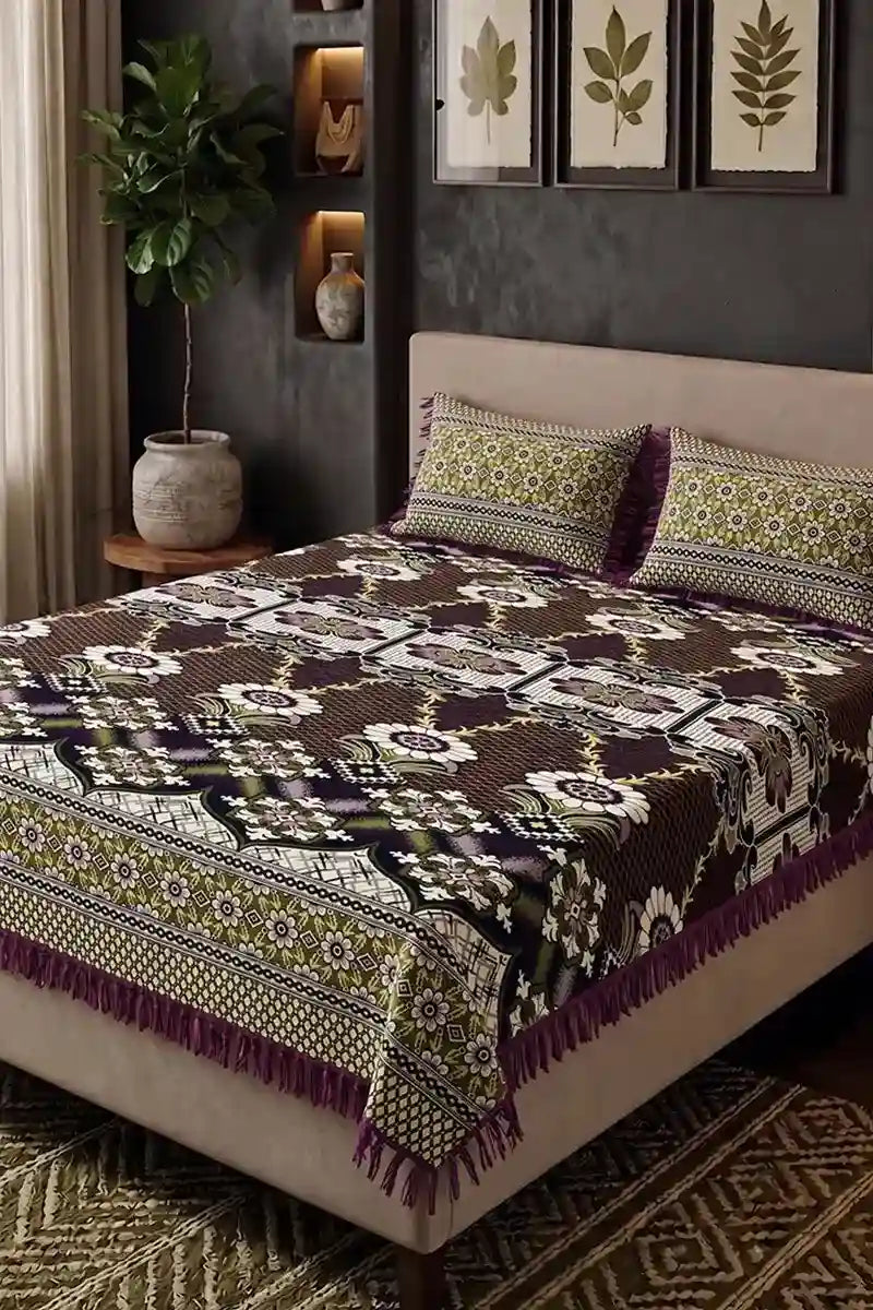 Premium Multani Double Bed Sheet Set with Zari Work (Deep Purple & Dark Espresso Brown)