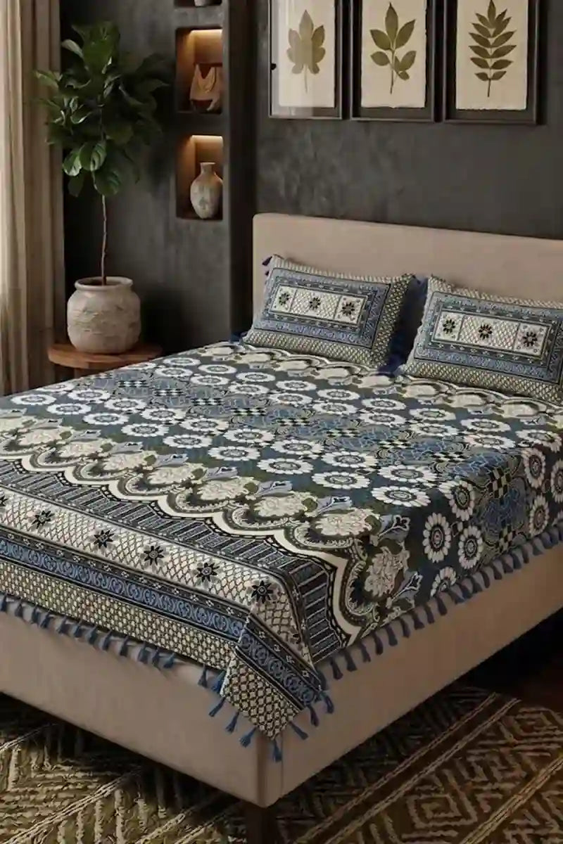 Premium Multani Double Bed Sheet Set with Zari Work (Steel Blue)