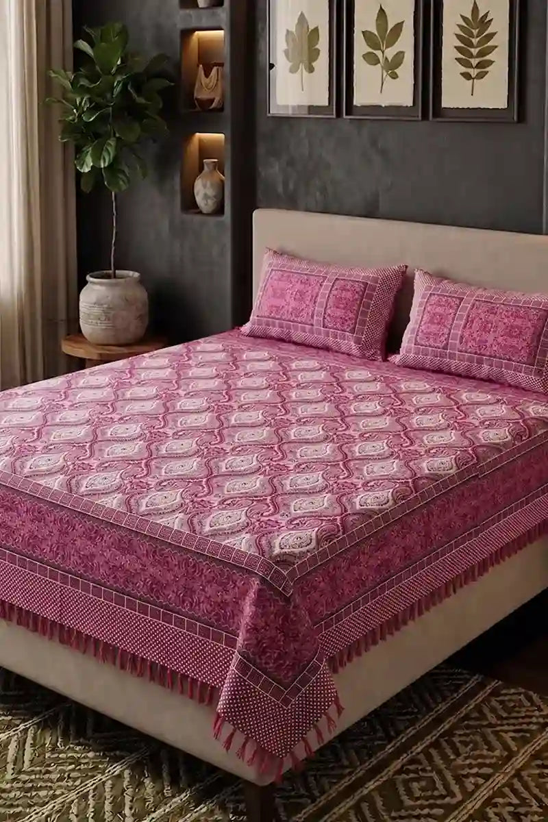 Premium Multani Double Bed Sheet Set with Zari Work (Raspberry Pink)