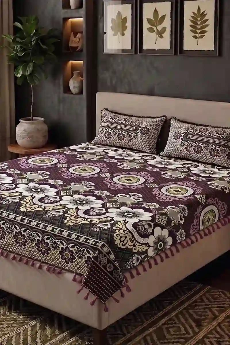 Premium Multani Double Bed Sheet Set with Zari Work (Dark Plum)