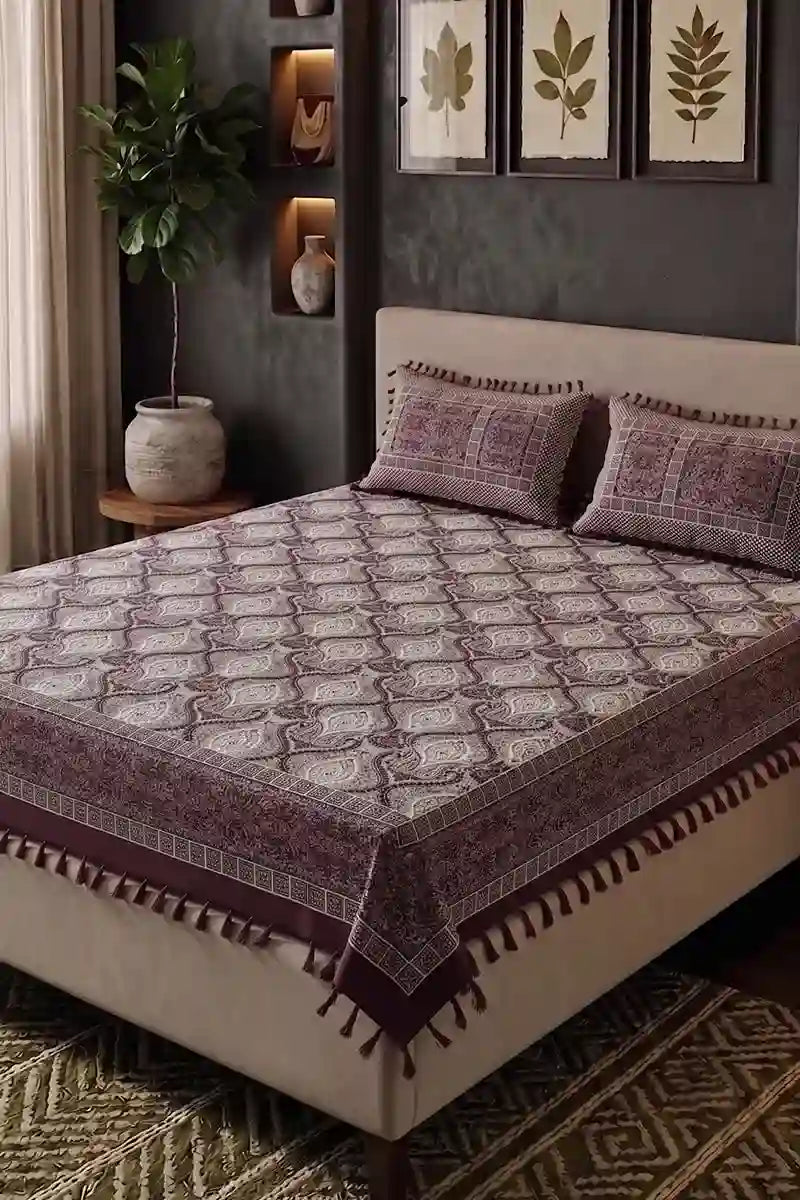 Premium Multani Double Bed Sheet Set with Zari Work (Deep Mauve)