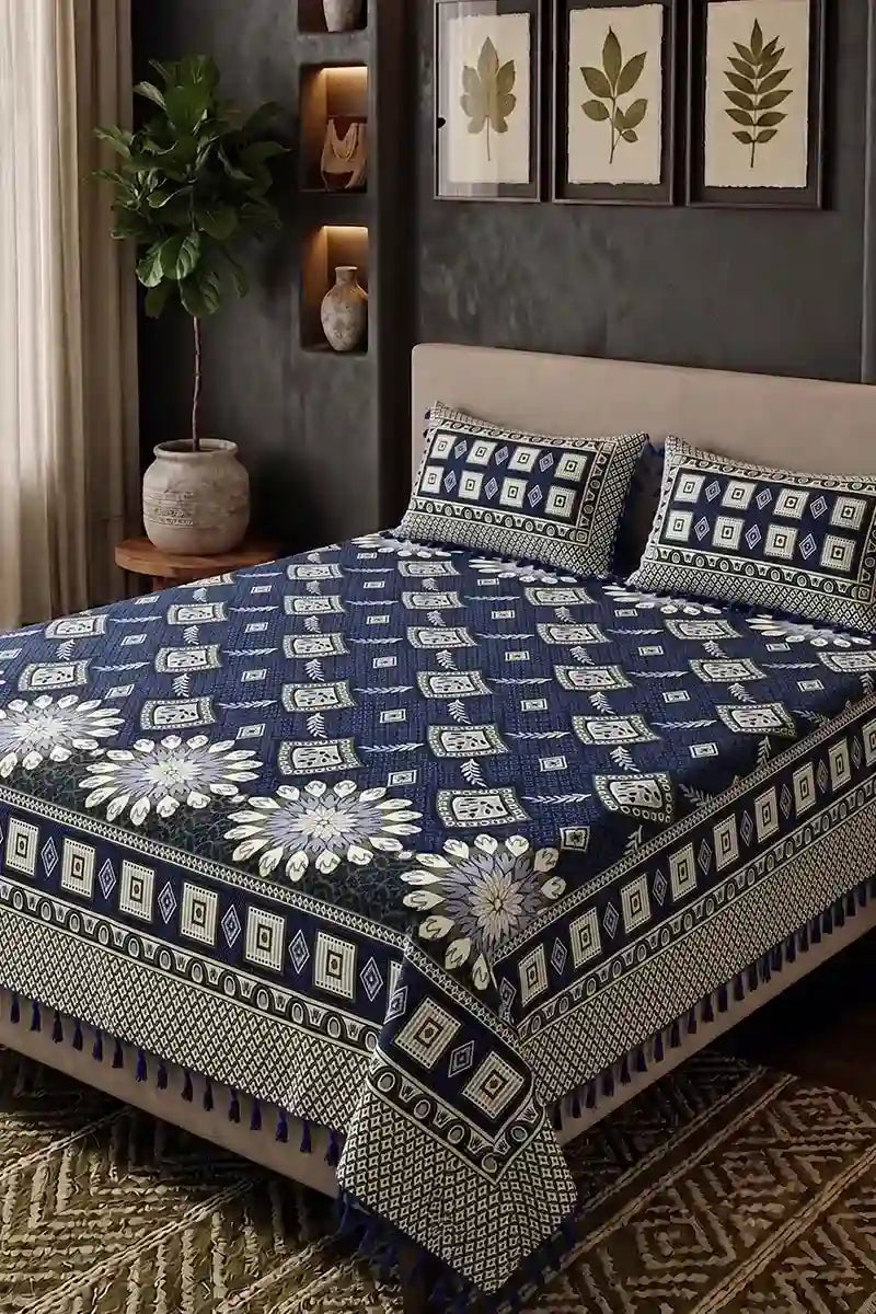Premium Multani Double Bed Sheet Set with Zari Work (Navy Blue)