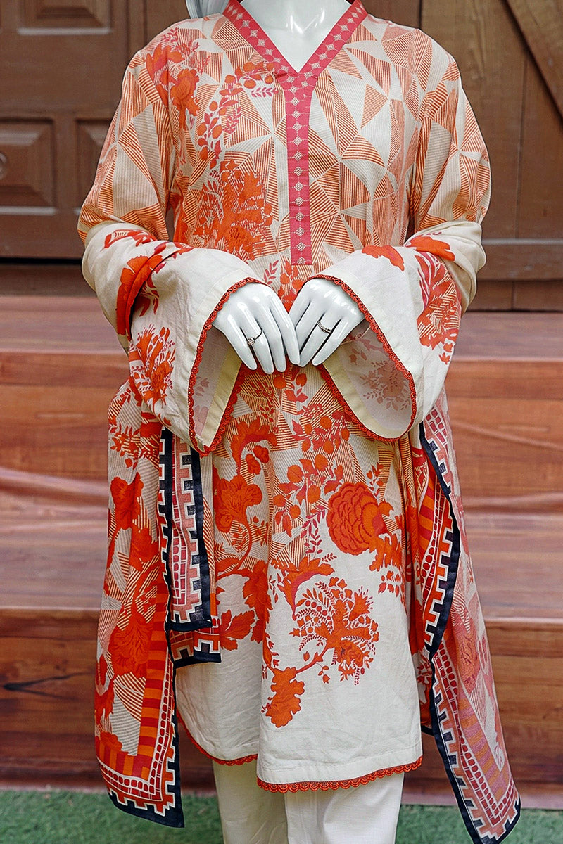 Aryana - 3PC Unstitched Printed Lawn Suit (White & Orange)
