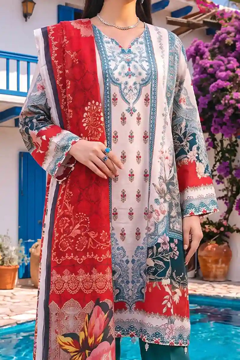 Aabruh Vol-1 3PC Unstitched Printed Lawn Suit (Seafoam, Red & White Floral)