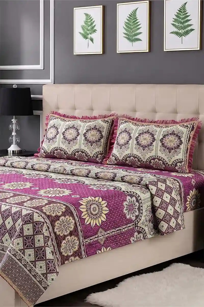 Luxury Multani Double Bed Sheet Set with Pillow Covers (Plum)