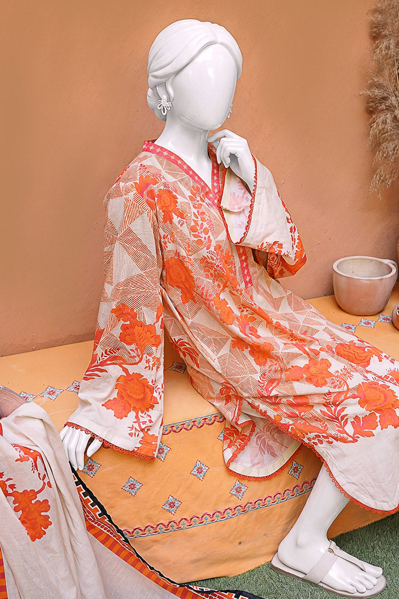 Aryana - 3PC Unstitched Printed Lawn Suit (White & Orange)