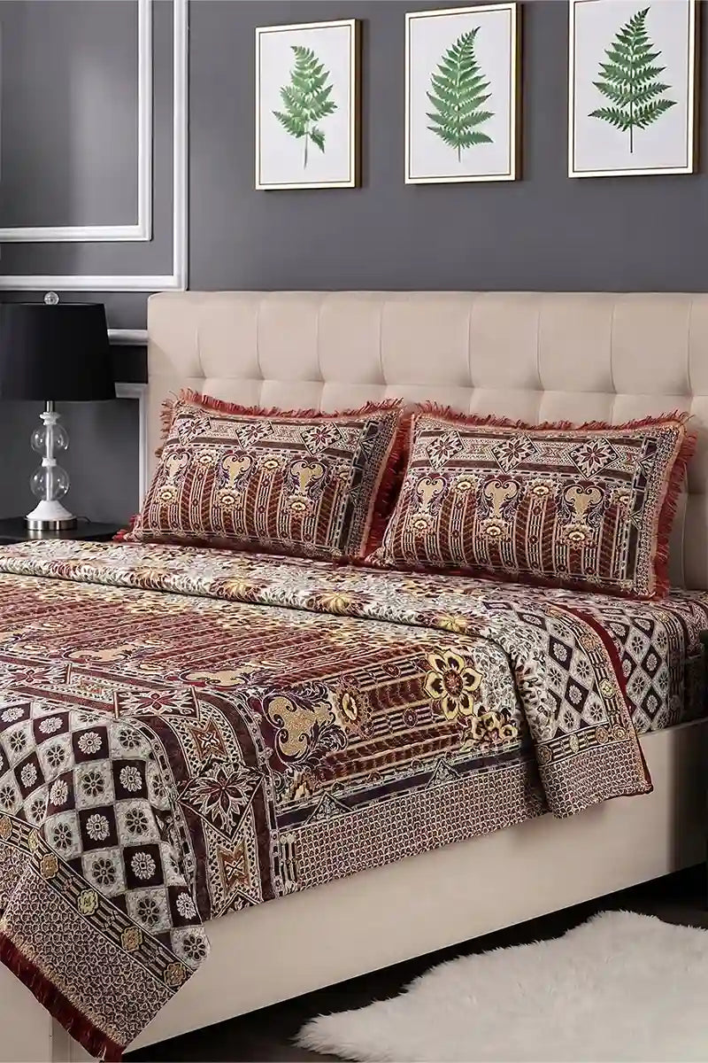 Luxury Multani Double Bed Sheet Set with Pillow Covers (Maroon)
