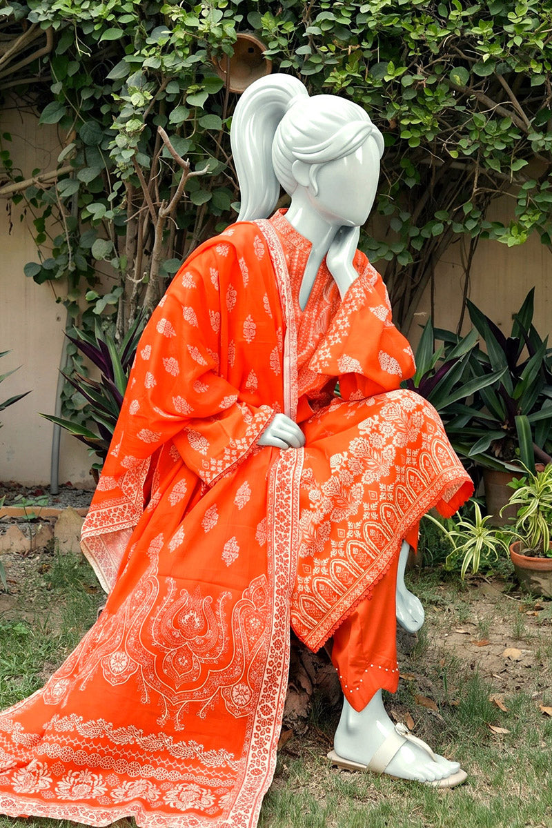 Aryana - 3PC Unstitched Printed Lawn Suit (Orange)
