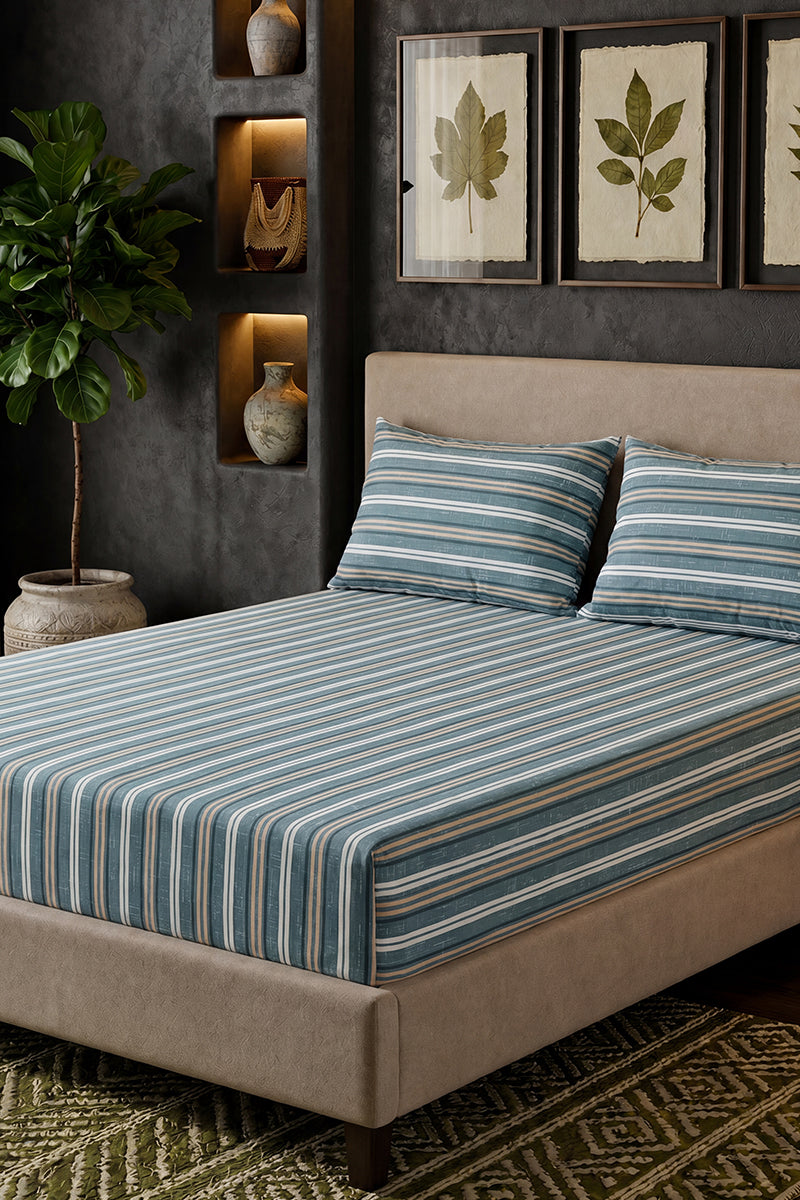 Premium Cotton Fitted Bed Sheet Set By KBC Fashion (Denim Blue)