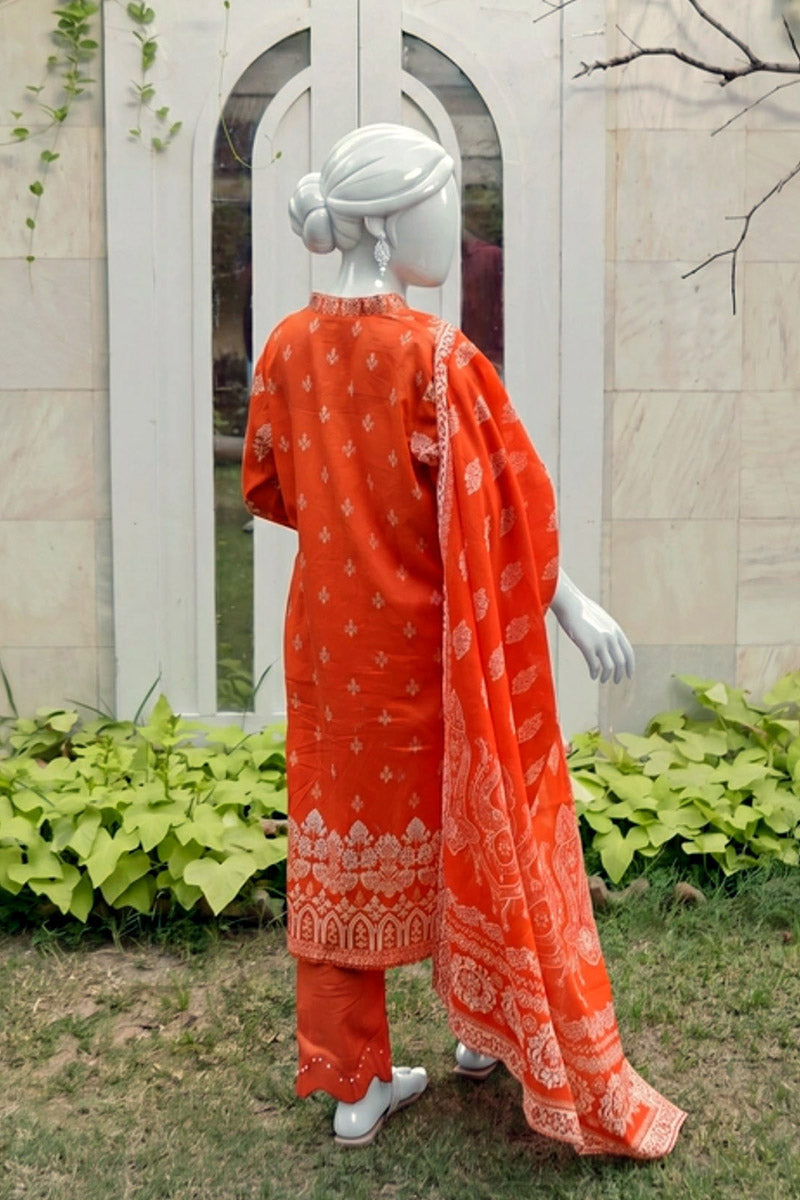 Aryana - 3PC Unstitched Printed Lawn Suit (Orange)