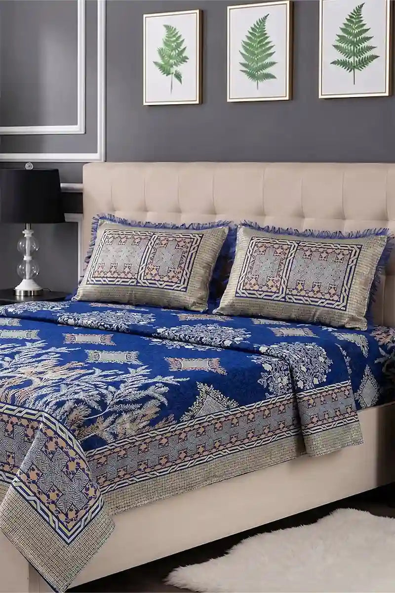 Luxury Multani Double Bed Sheet Set with Pillow Covers (Royal Blue)