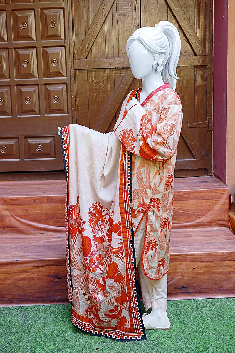 Aryana - 3PC Unstitched Printed Lawn Suit (White & Orange)