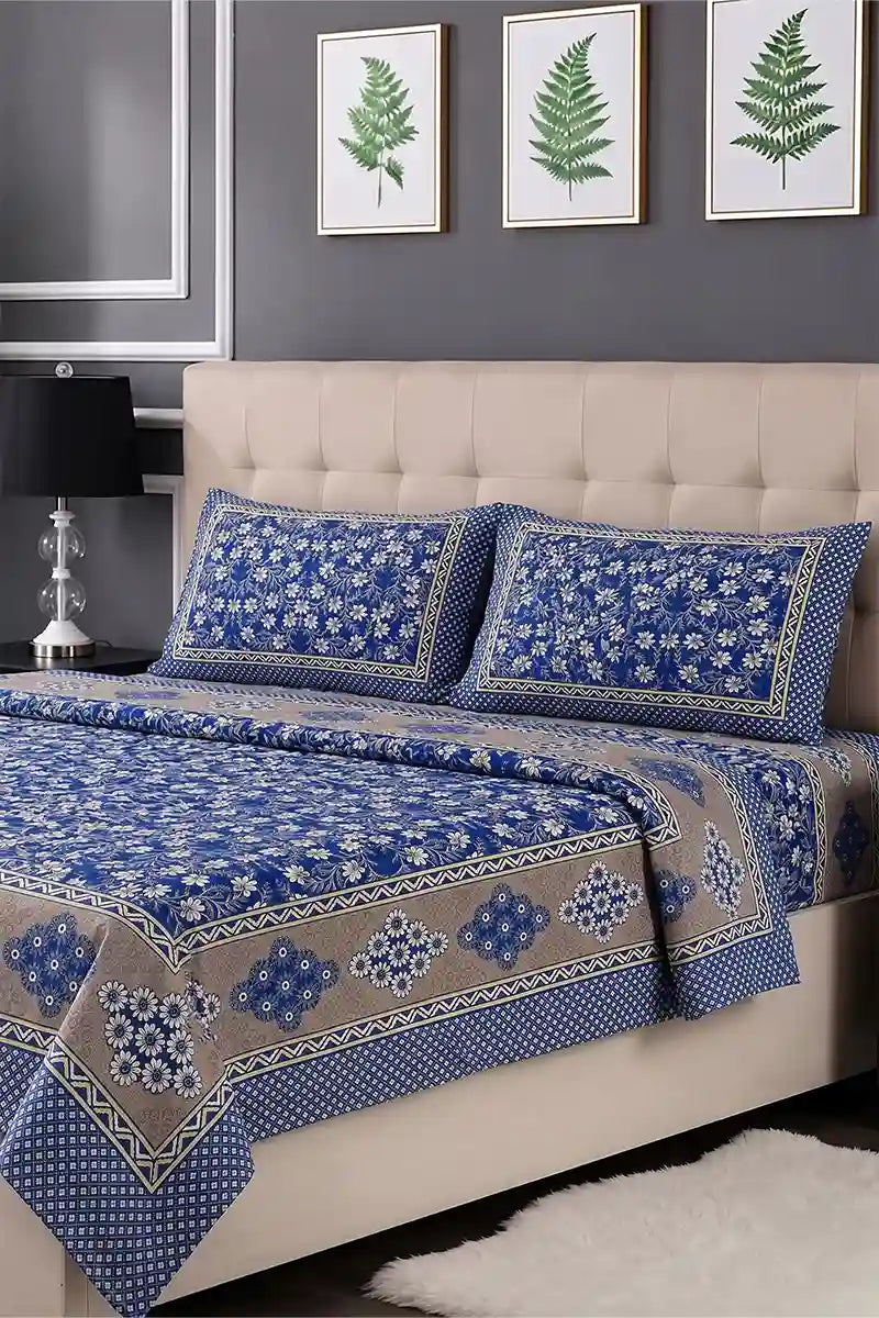 Luxury Multani Double Bed Sheet Set with Pillow Covers (Cobalt Blue)