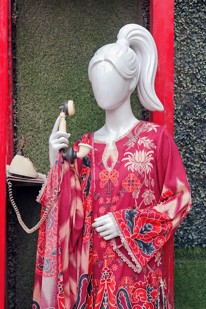 Aryana - 3PC Unstitched Printed Lawn Suit (Dark Pink)