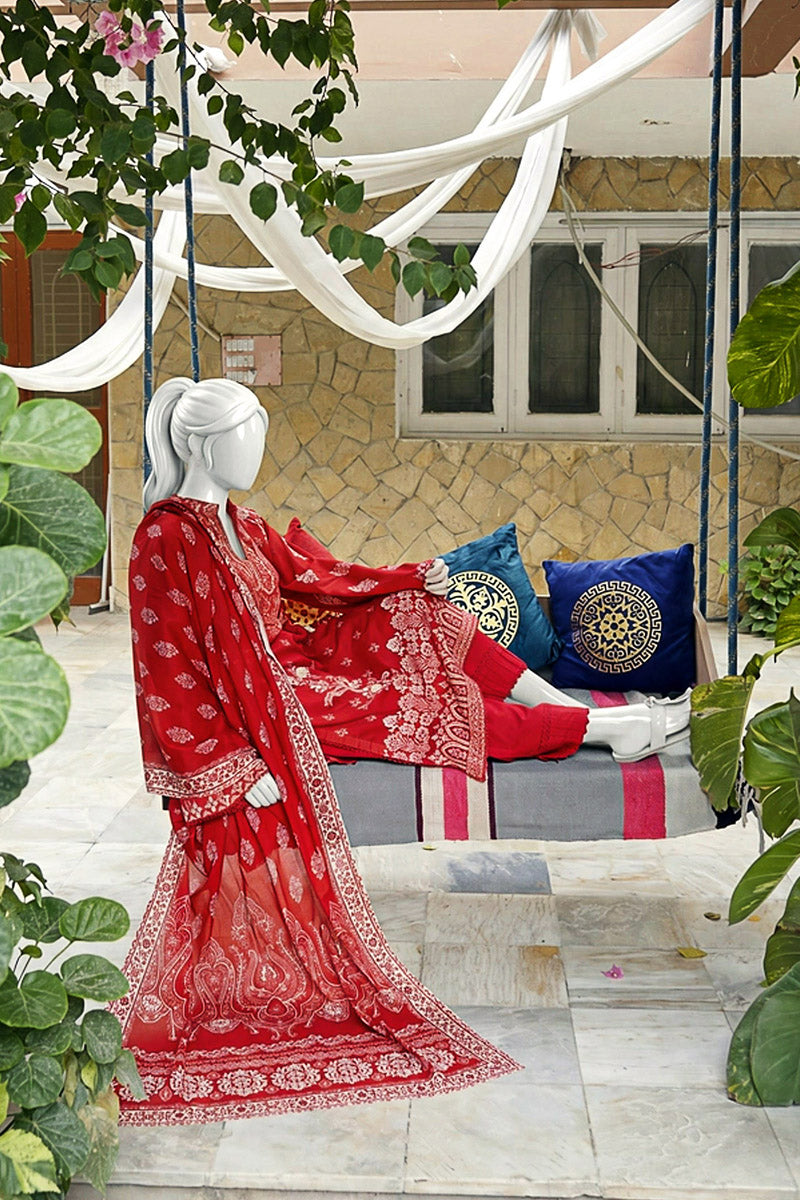 Aryana - 3PC Unstitched Printed Lawn Suit (Red)