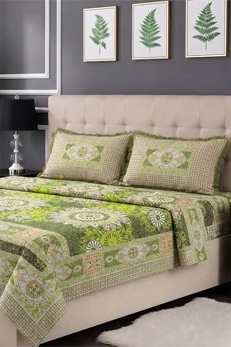 Luxury Multani Double Bed Sheet Set with Pillow Covers (Chartreuse Green)
