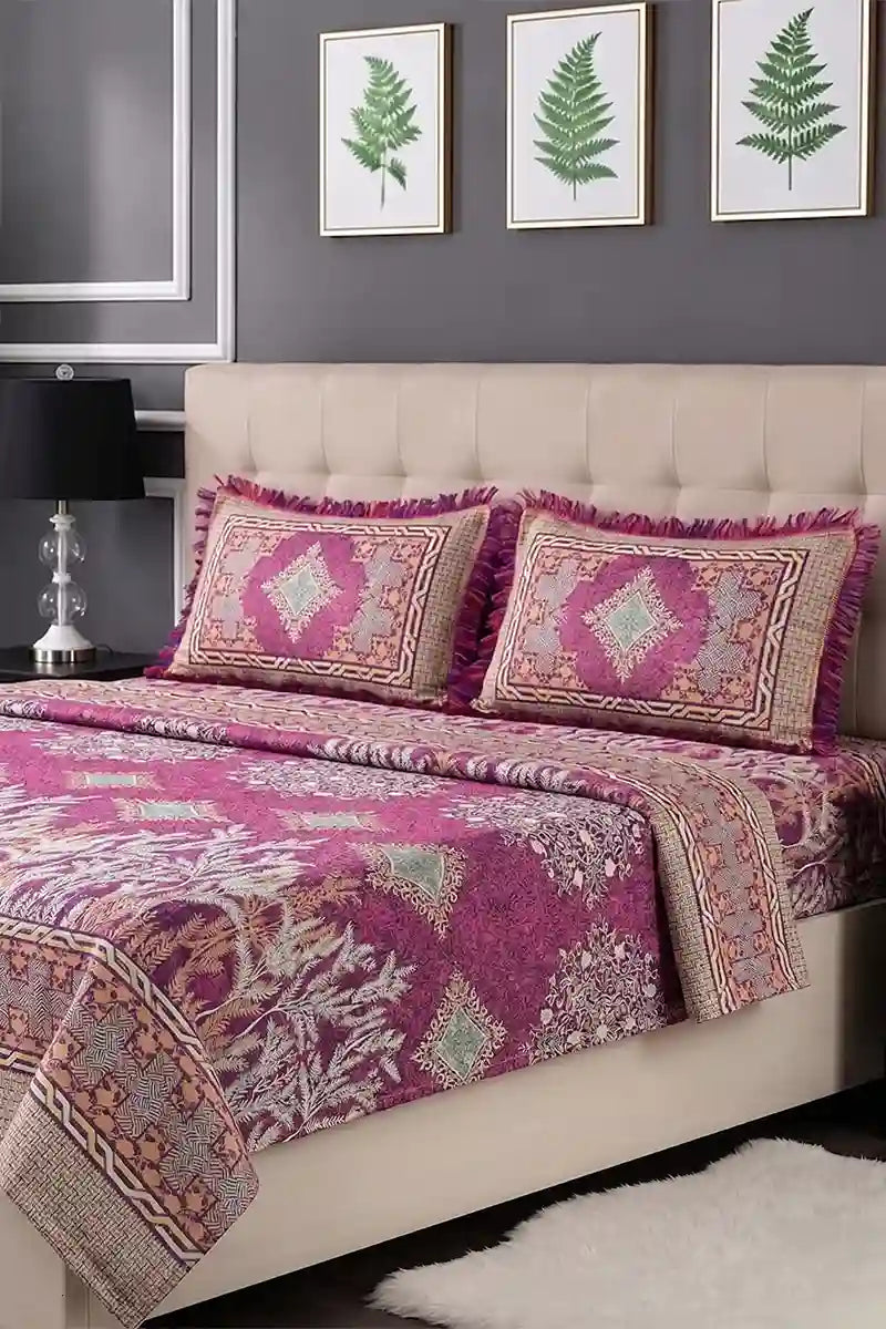 Luxury Multani Double Bed Sheet Set with Pillow Covers (Berry Purple)