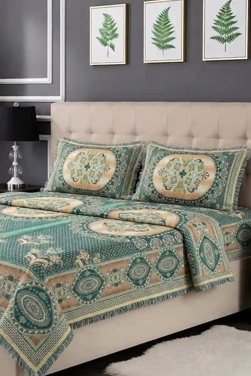 Luxury Multani Double Bed Sheet Set with Pillow Covers (Sea Green)