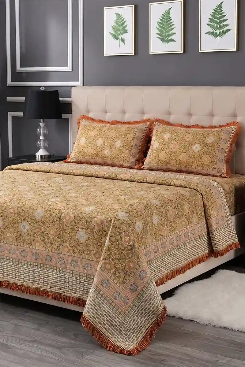 Luxury Multani Double Bed Sheet Set with Pillow Covers (Terracotta Orange)