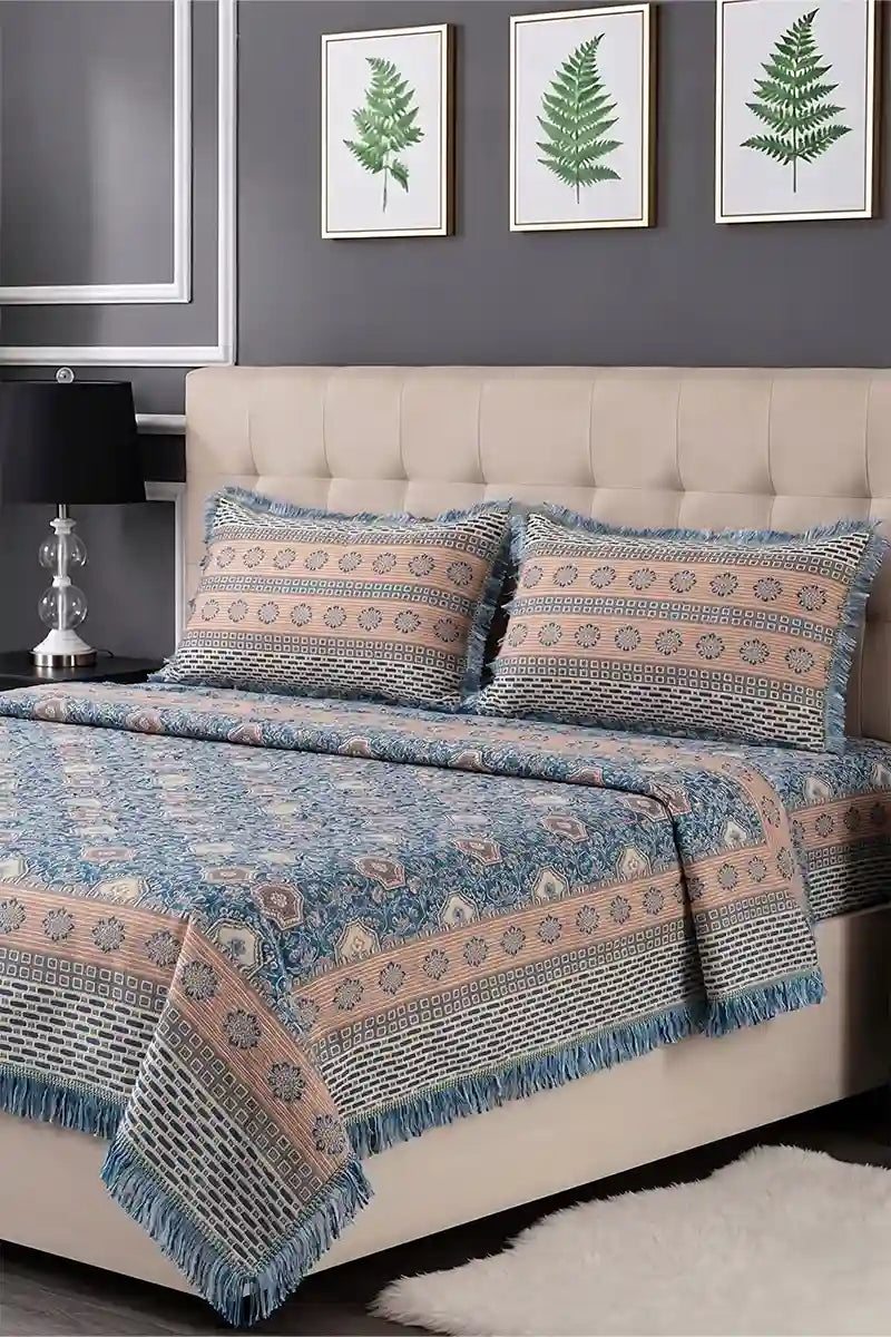 Luxury Multani Double Bed Sheet Set with Pillow Covers (Dusty Blue