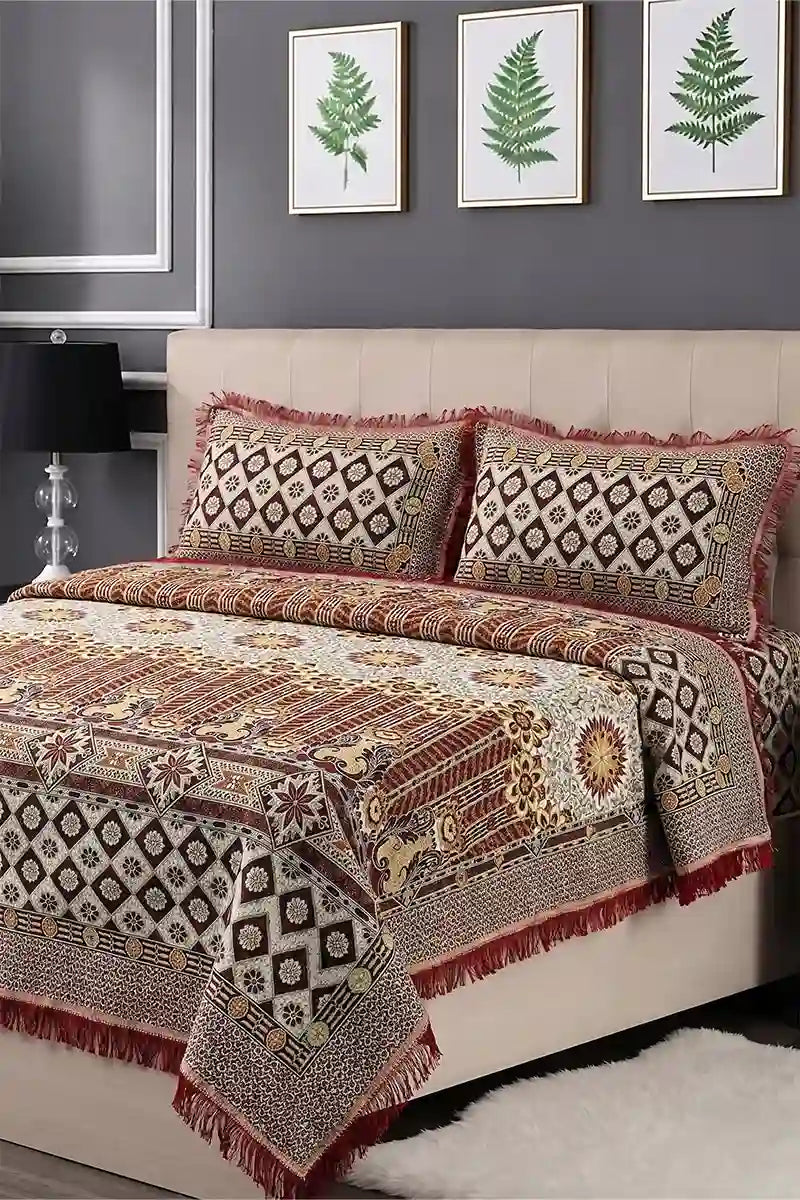 Luxury Multani Double Bed Sheet Set with Pillow Covers (Maroon)