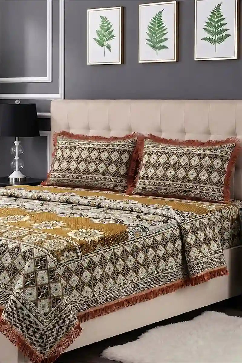 Luxury Multani Double Bed Sheet Set with Pillow Covers (Rust Brown	)