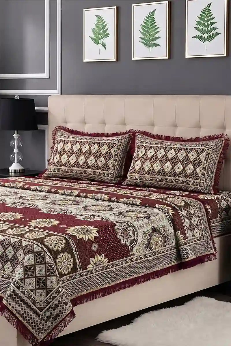 Luxury Multani Double Bed Sheet Set with Pillow Covers (Deep Maroon)