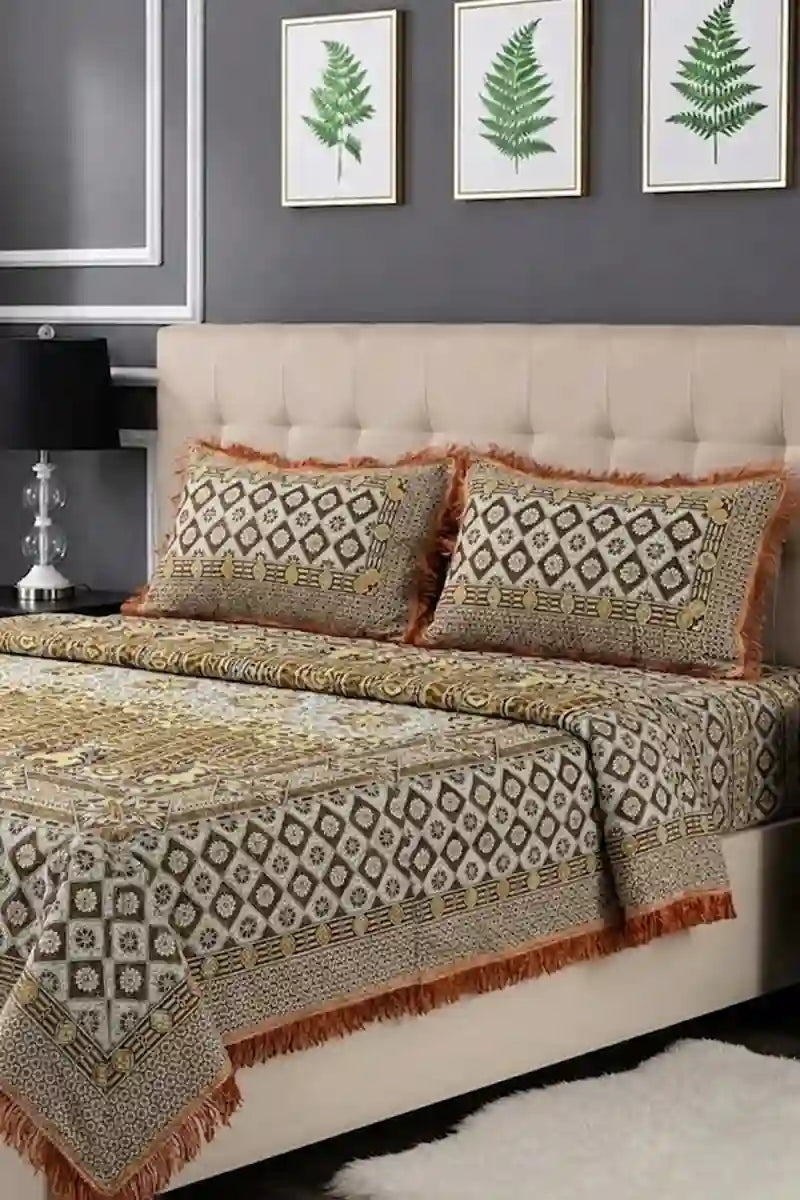 Luxury Multani Double Bed Sheet Set with Pillow Covers (Muted Gold)