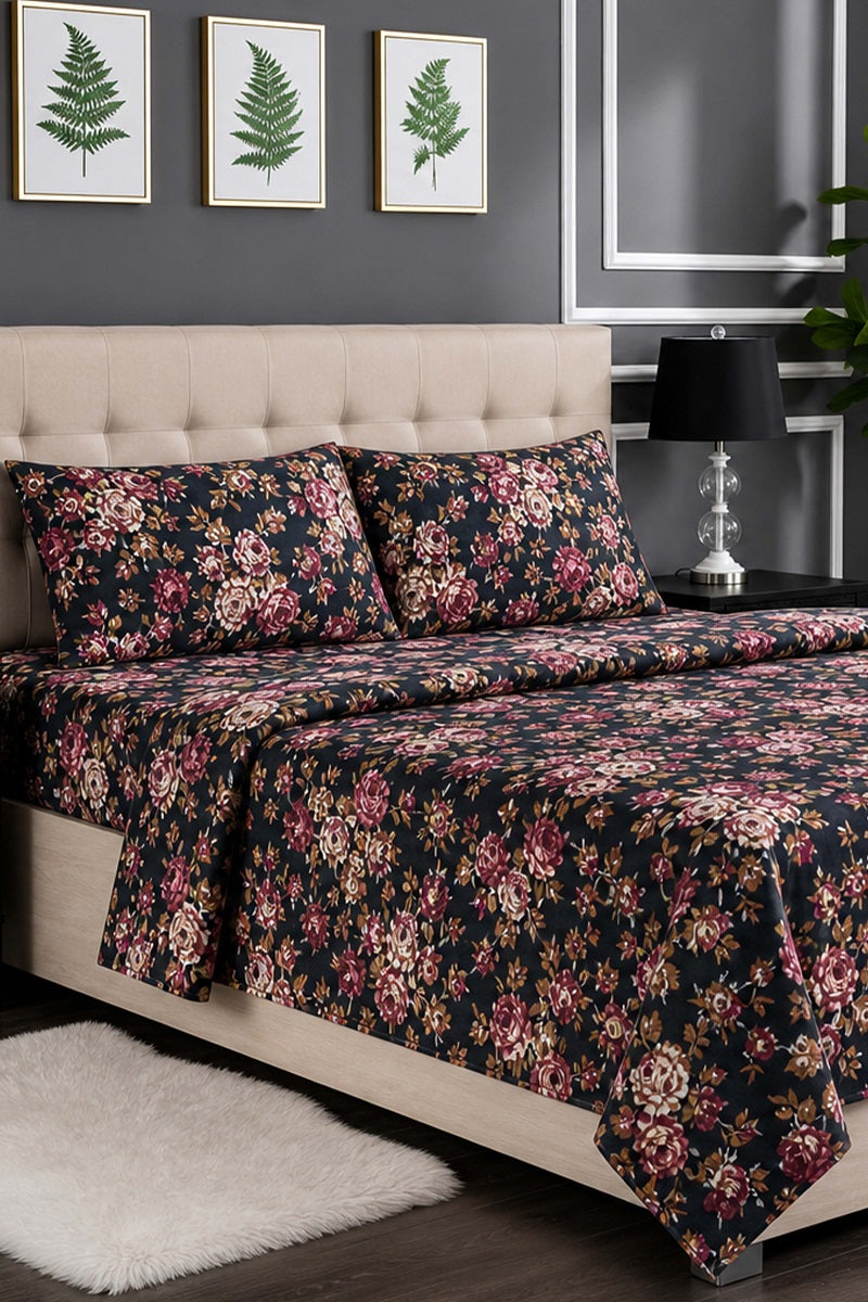 Premium Cotton Fitted Bed Sheet Set By KBCFashion (Black Floral)