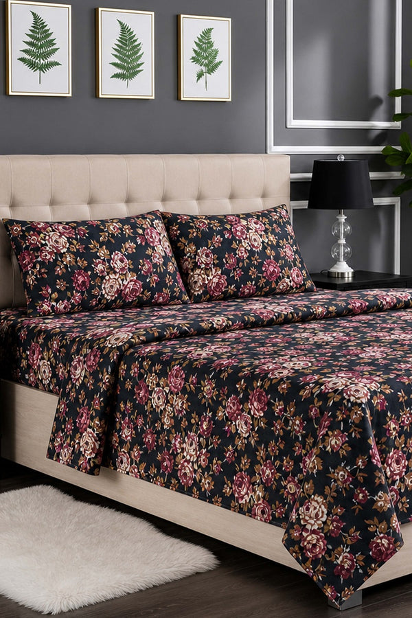 Premium Cotton Fitted Bed Sheet Set By KBCFashion (Black Floral)