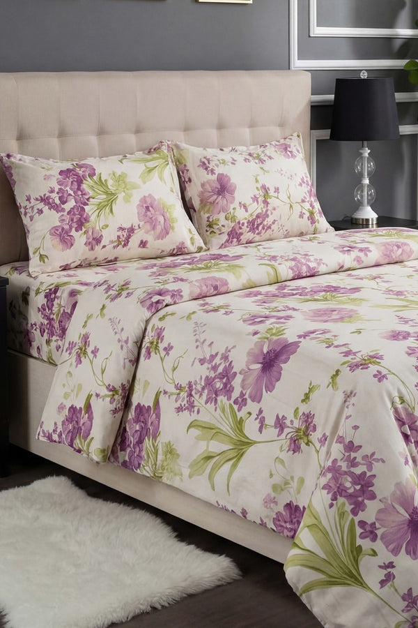 Premium Cotton Fitted Bed Sheet Set By KBCFashion (Purple Floral)