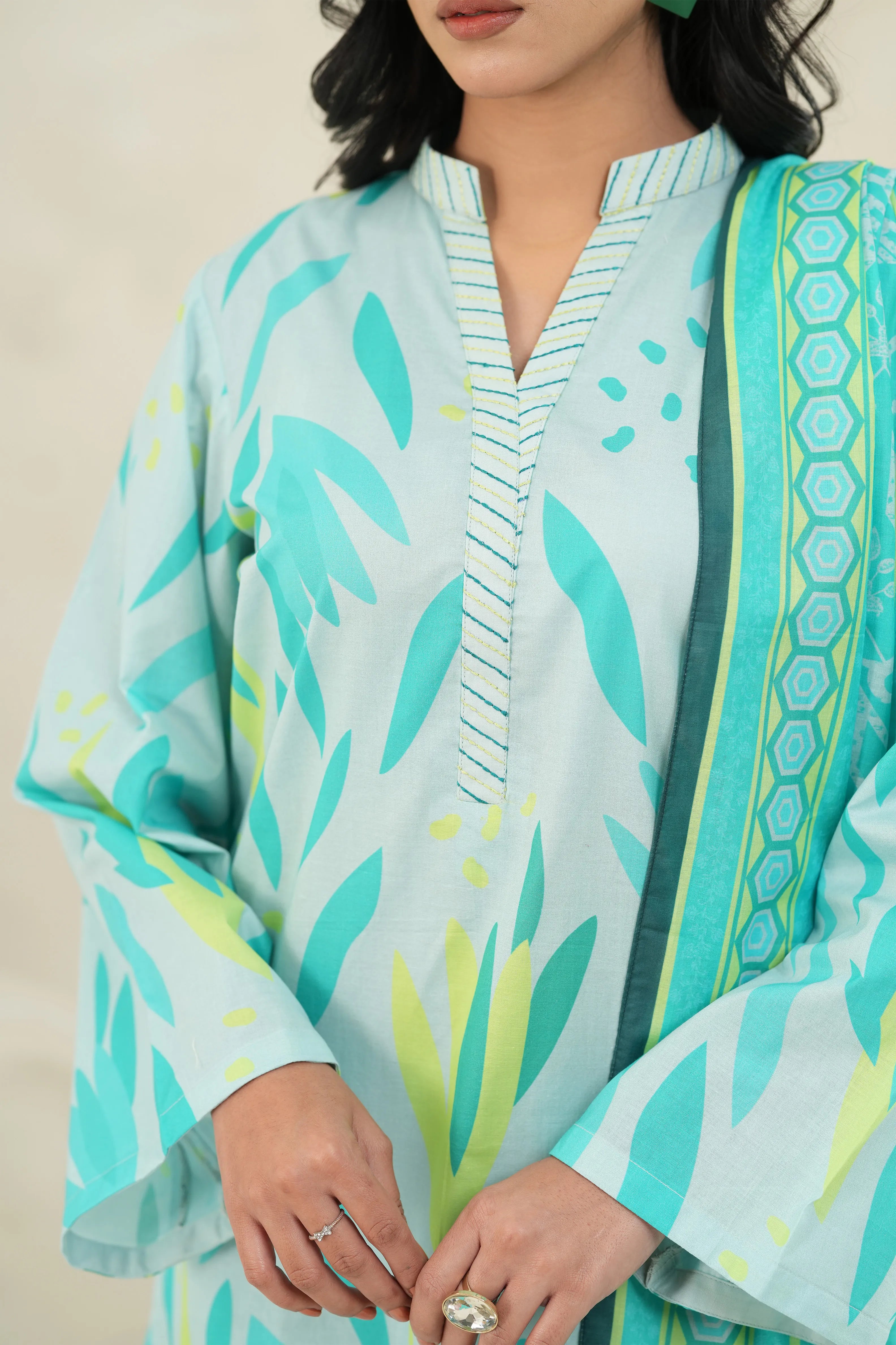 Aqua Leaf Printed Lawn 3 Piece Set