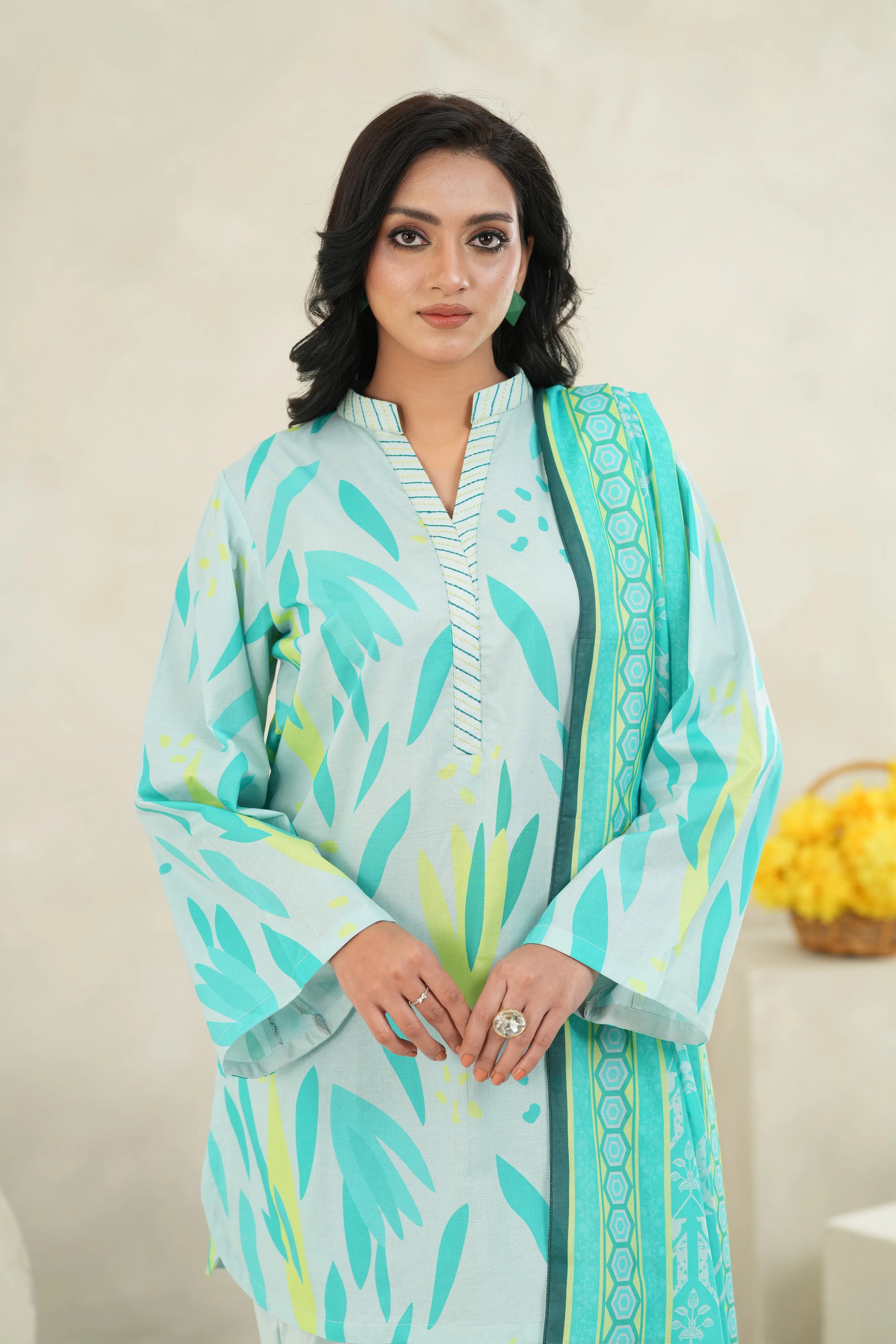 Aqua Leaf Printed Lawn 3 Piece Set