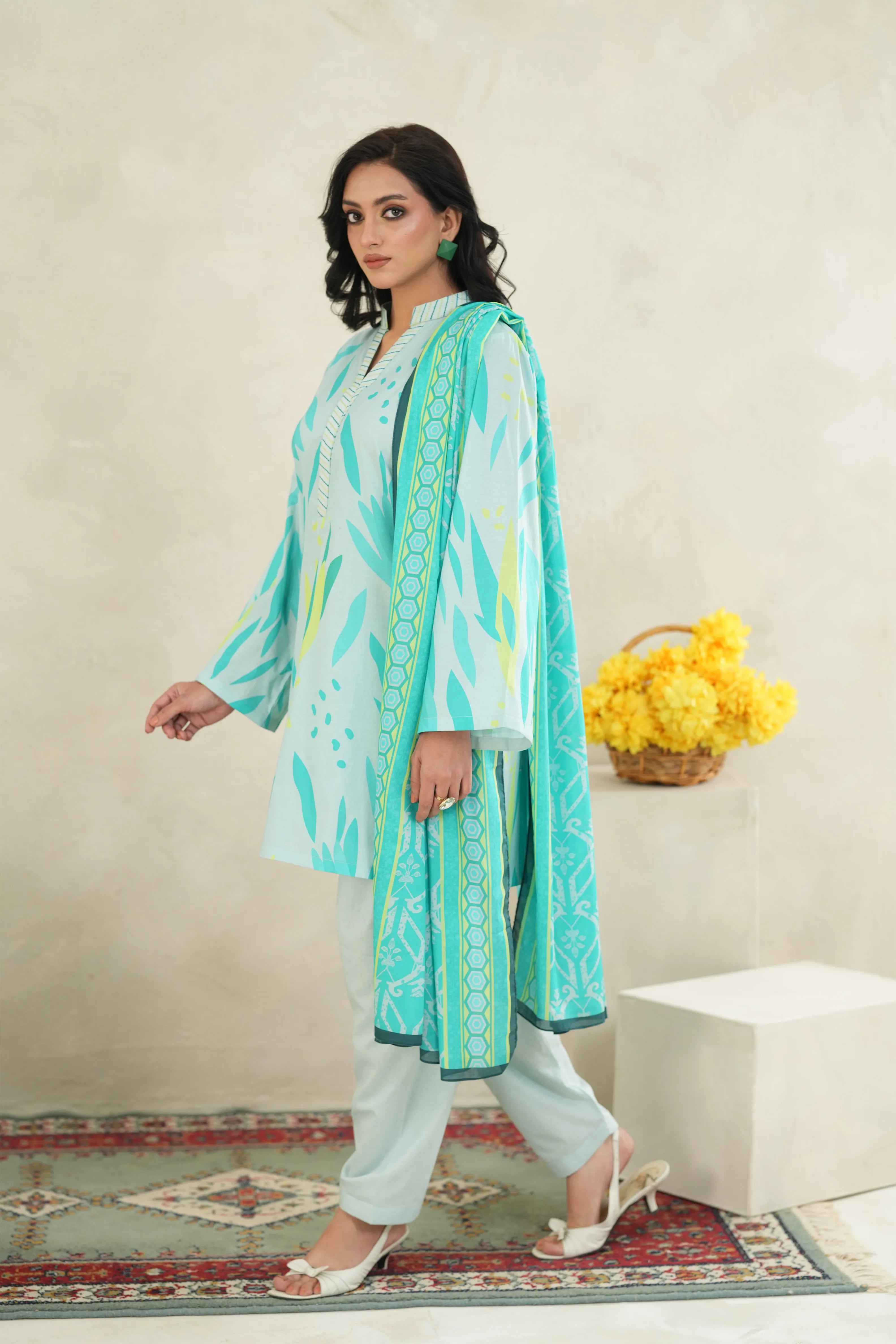 Aqua Leaf Printed Lawn 3 Piece Set
