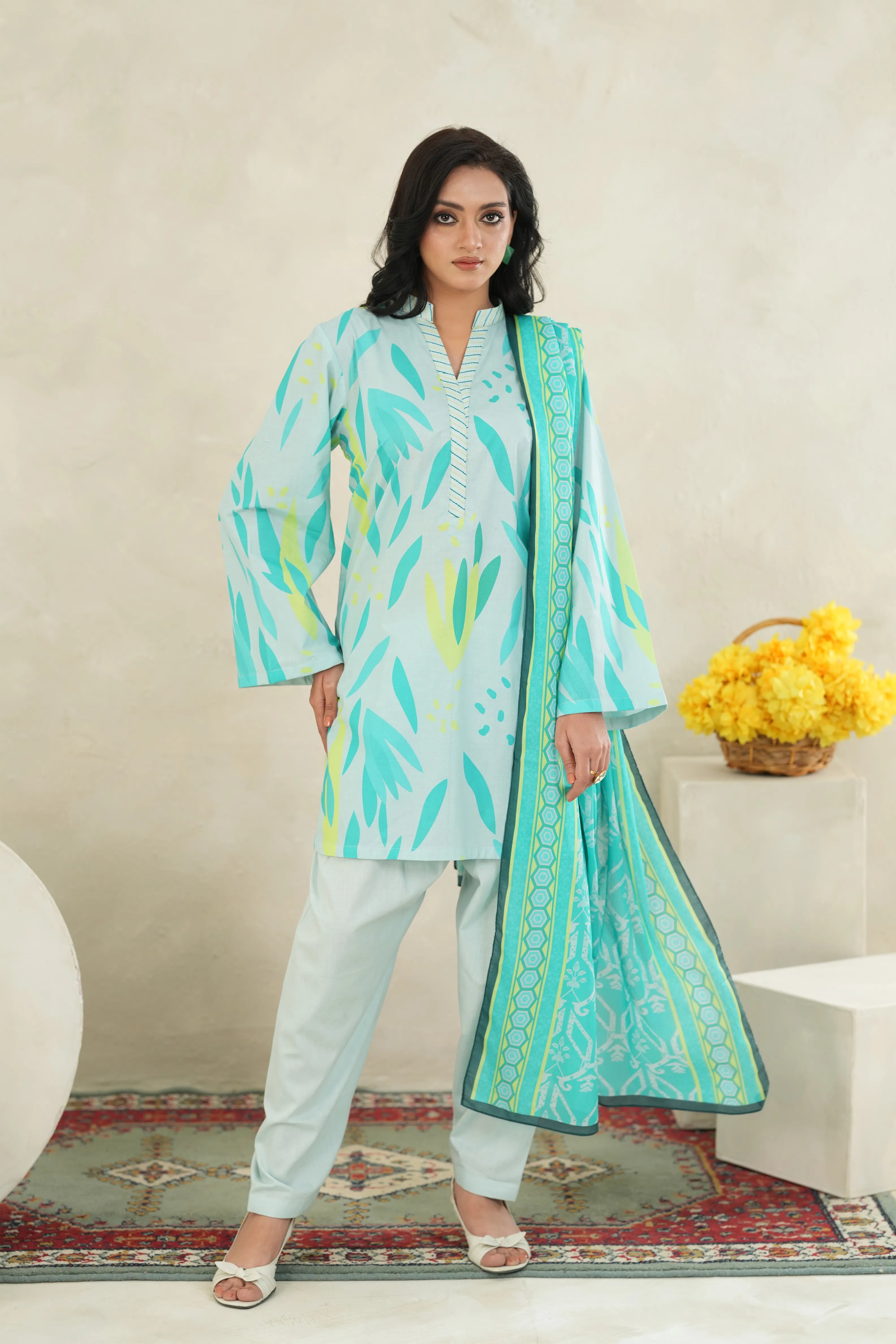 Aqua Leaf Printed Lawn 3 Piece Set