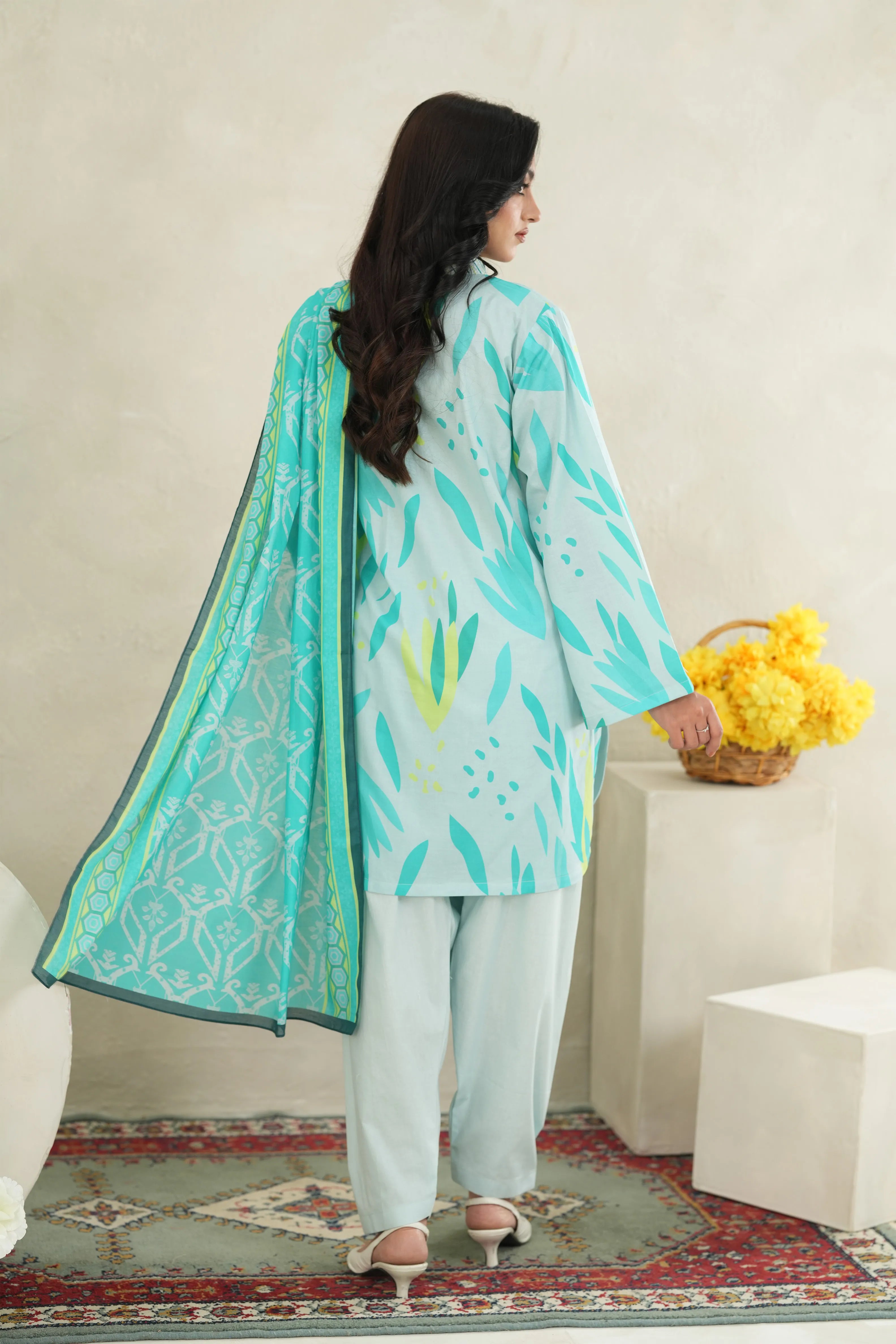 Aqua Leaf Printed Lawn 3 Piece Set