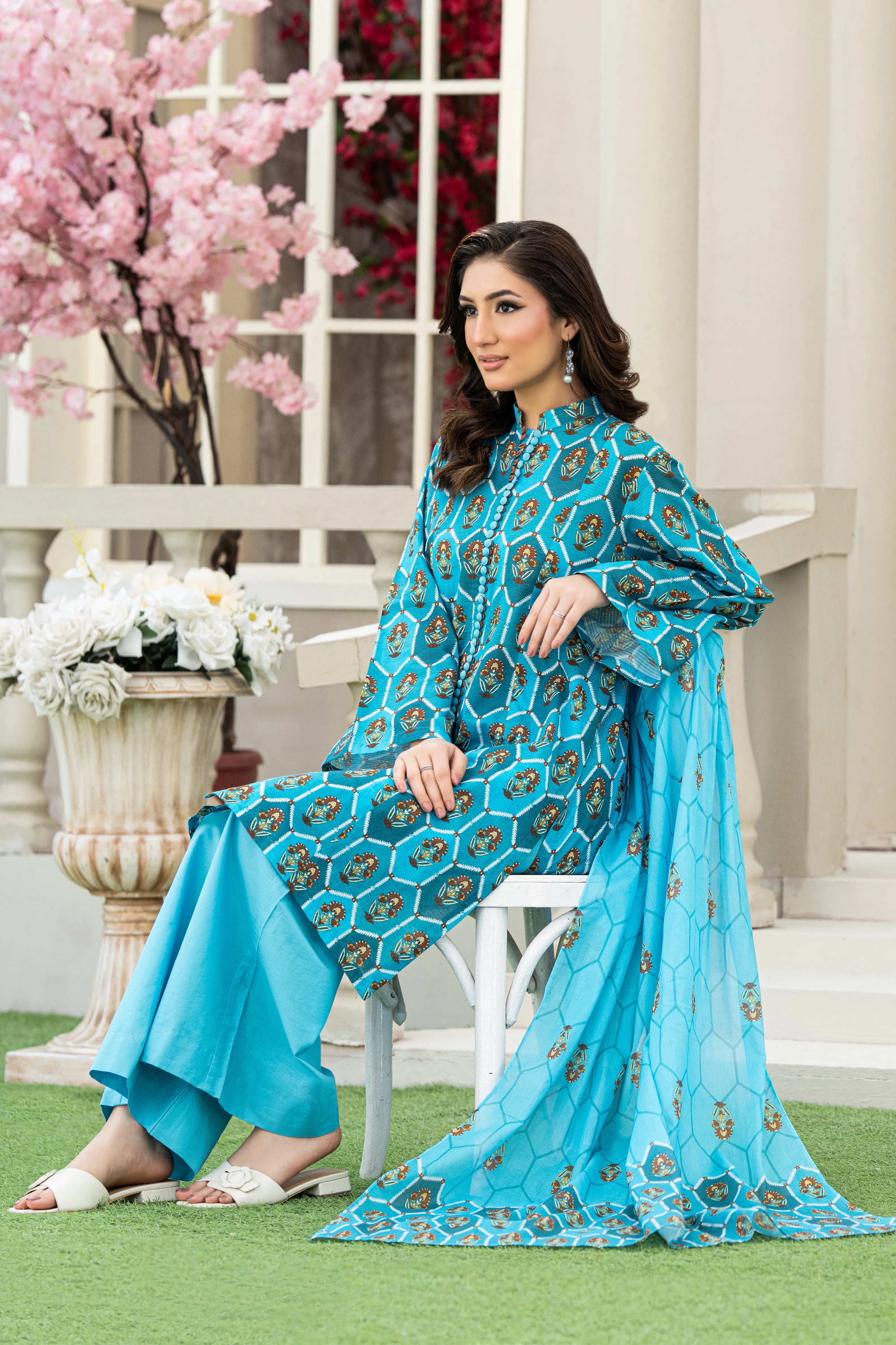 Turquoise Charm Printed Lawn 3 Piece Set