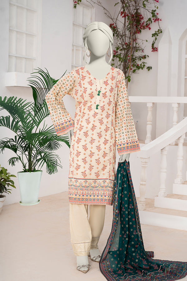 Inaya By KBCFashion - 3PC Unstitched Printed Lawn Suit (Cream & Forest)
