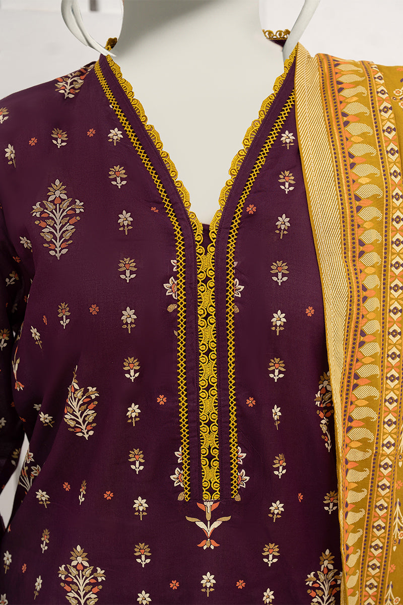 Inaya By KBCFashion - 3PC Unstitched Printed Lawn Suit (Purple & Yellow)