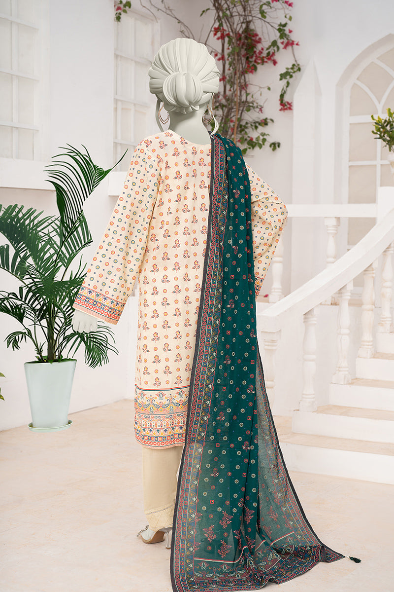 Inaya By KBCFashion - 3PC Unstitched Printed Lawn Suit (Cream & Forest)