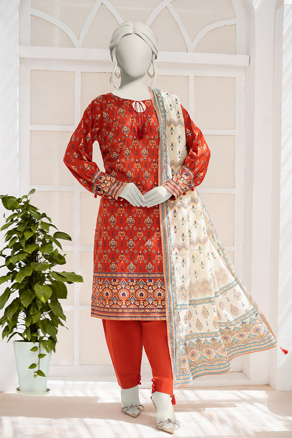 Inaya By KBCFashion - 3PC Unstitched Printed Lawn Suit (Red & White)